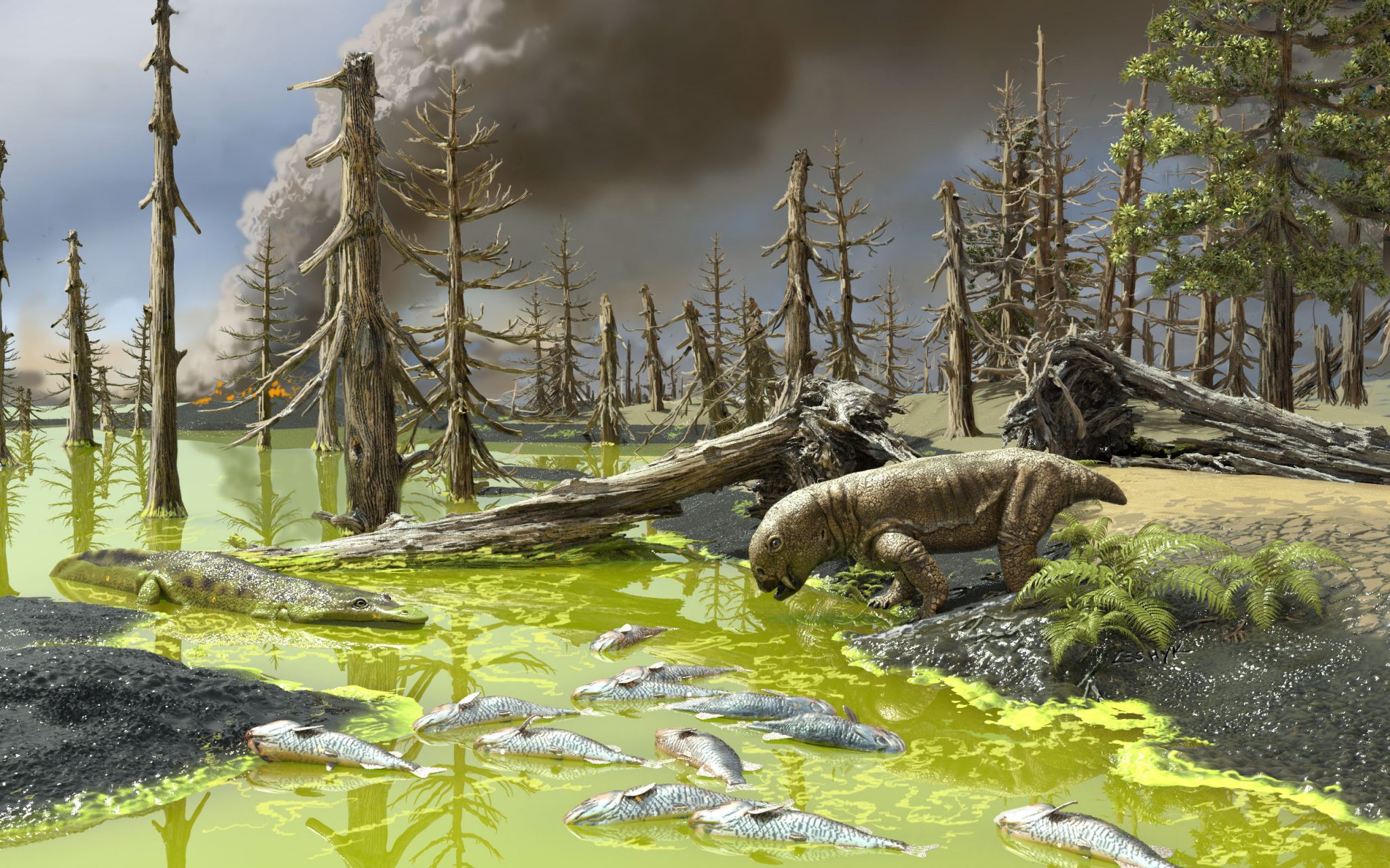 illustration of the end-Permian extinction, showing toxic water from 